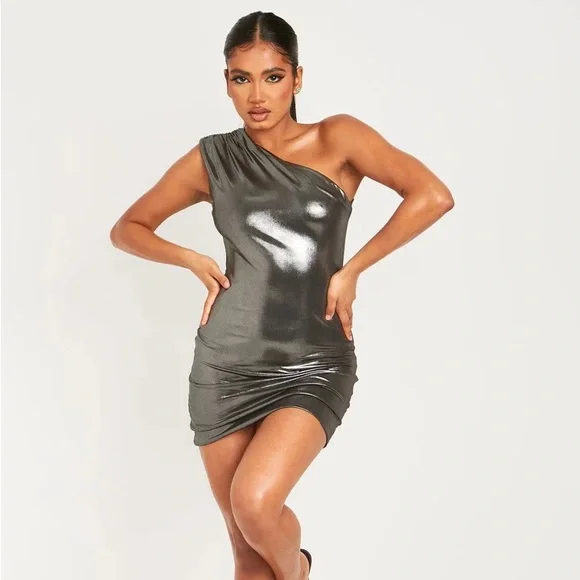 metallic silver wrap dress Current Air Metallic Silver Foil Ruffle Mini Dress, XS / Silver